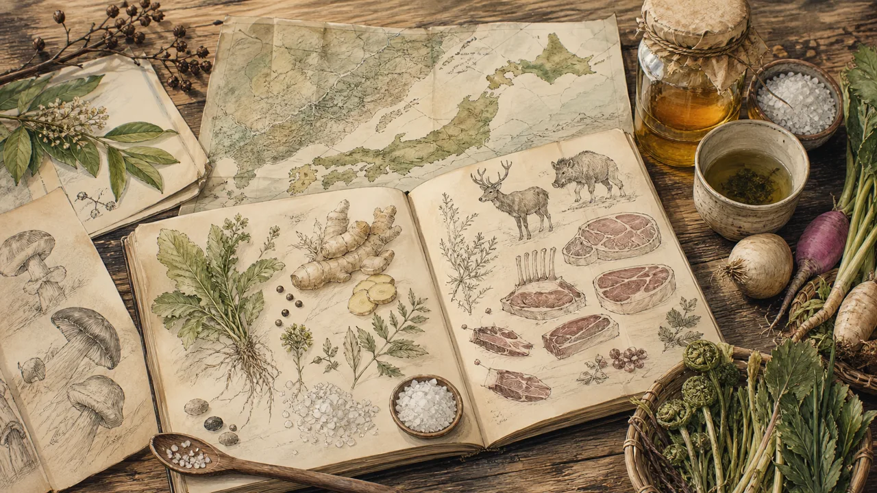 地方の仕入れ調査ノート、野菜、お茶、蜂蜜、海塩、ジビエを描いた手描きのフィールドマニュアル風イラスト